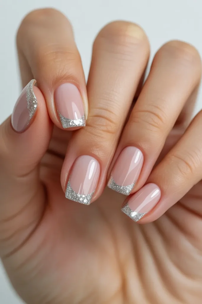 Nude nails with silver glitter tips