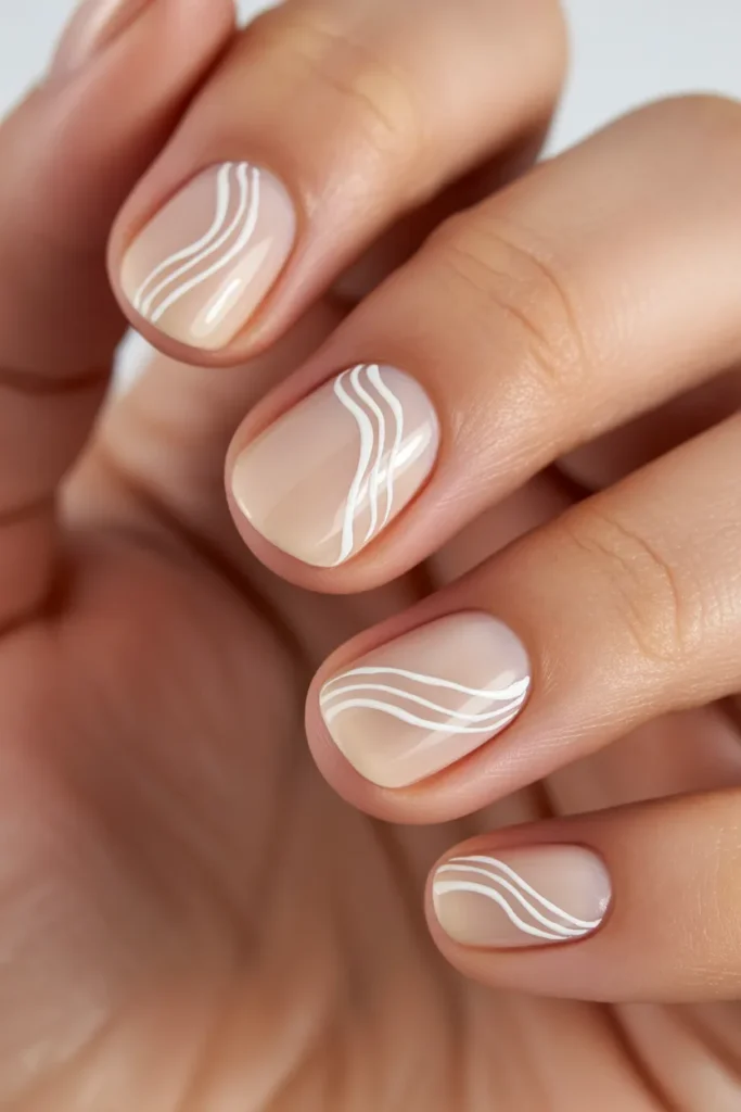Nude nails with simple white wave lines