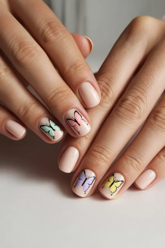  Nude nails with small pastel butterfly art