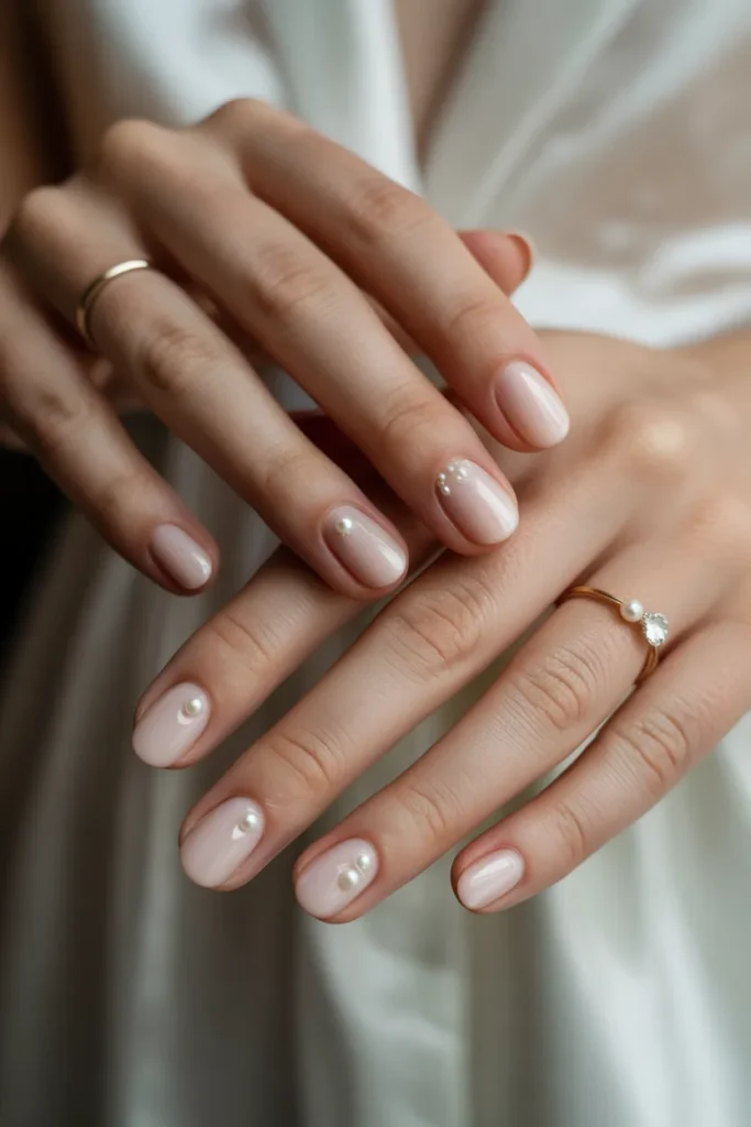  Nude nails with small pearl accents