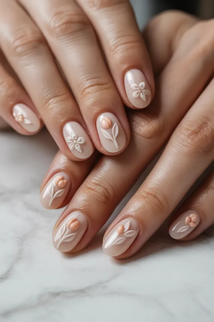 Nude nails with subtle 3D floral accents