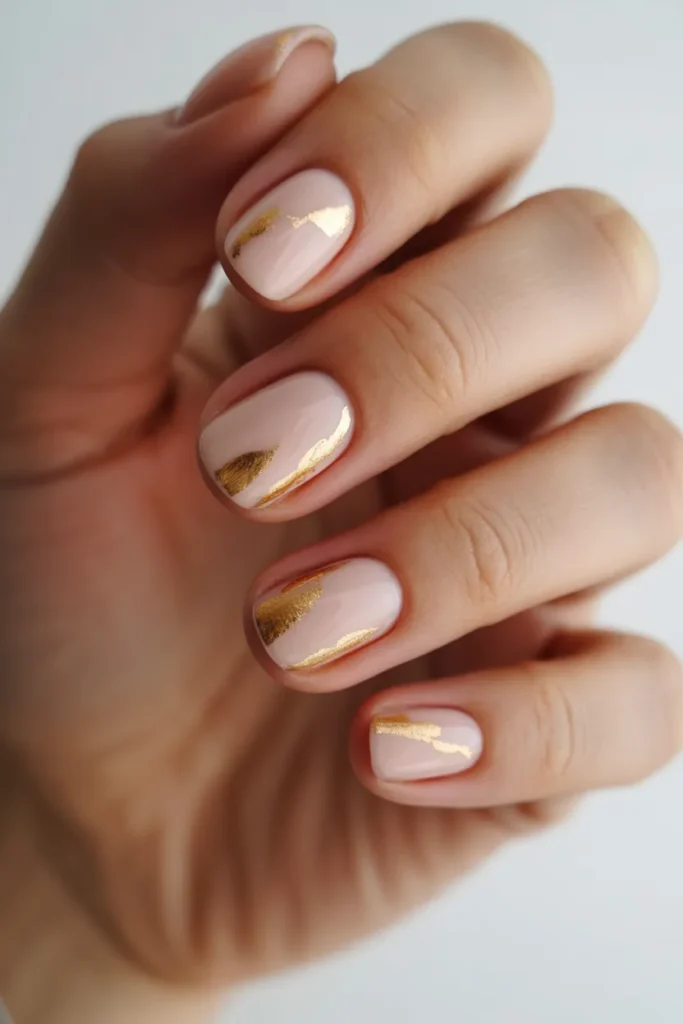 Nude nails with subtle gold foil accents