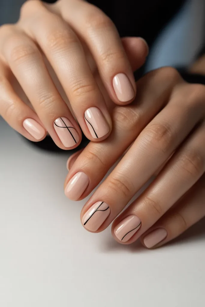Nude nails with thin black lines