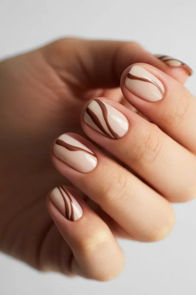 Nude nails with thin chocolate brown abstract lines