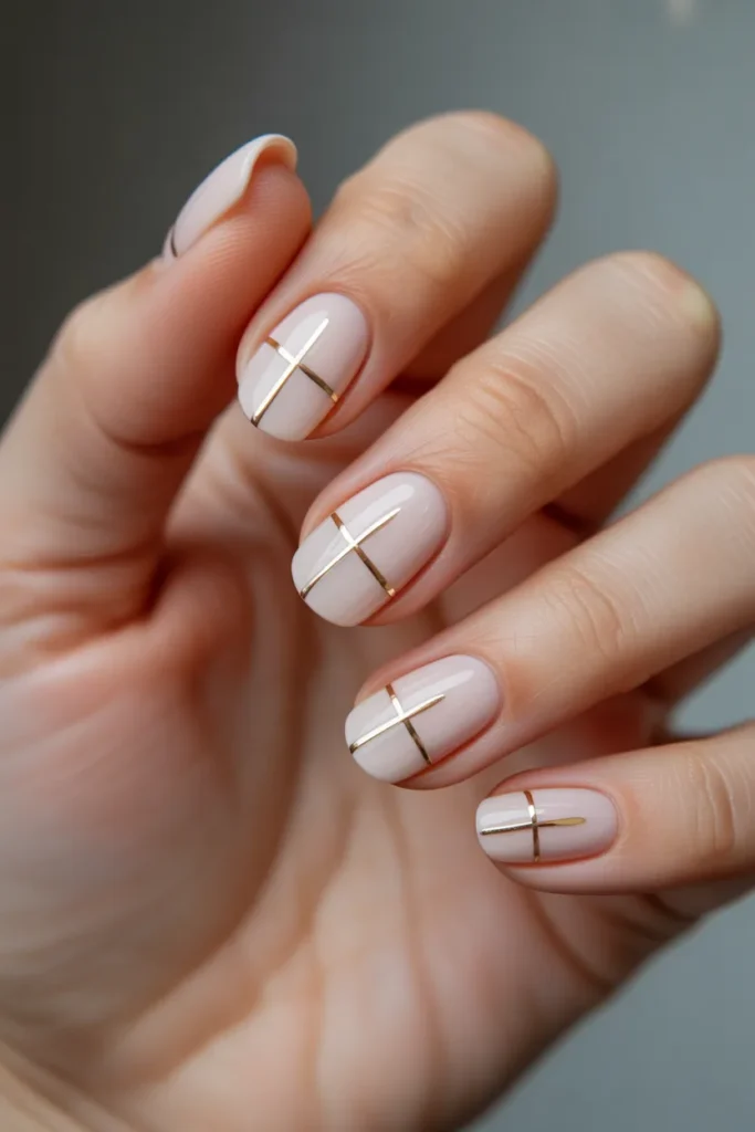 Nude nails with thin gold geometric lines