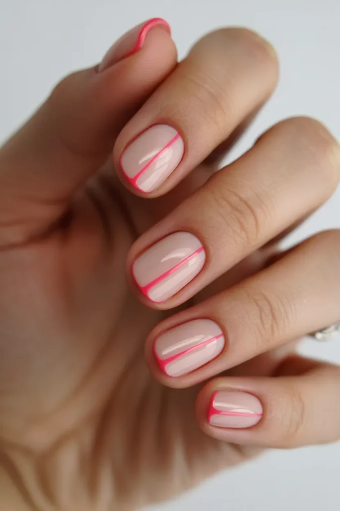 Nude nails with thin neon pink line accents