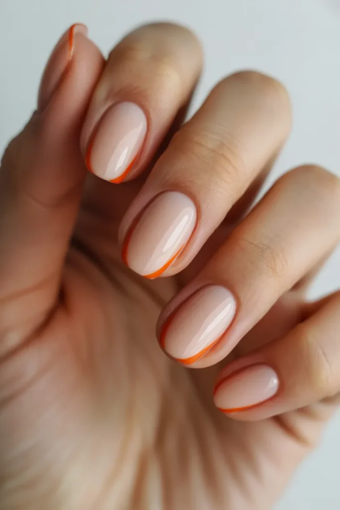  Nude nails with thin orange line accents