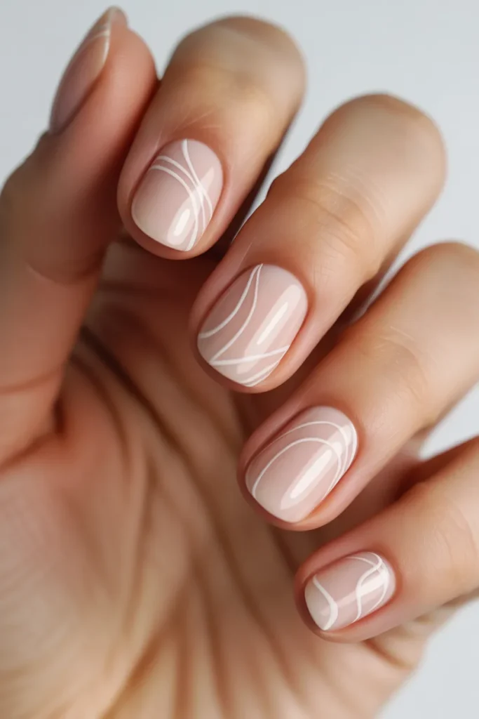 Nude nails with thin white abstract lines
