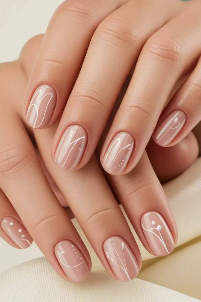 Nude nails with thin white line art designs