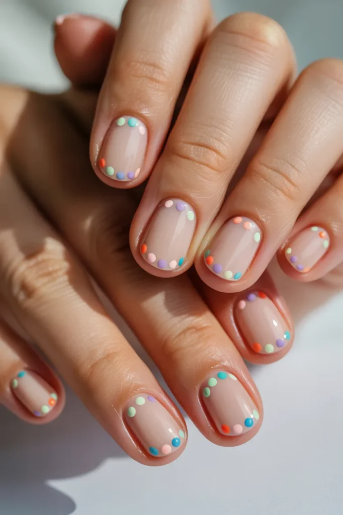 Nude nails with tiny colorful dot accents