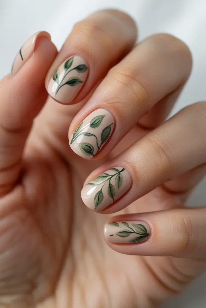 Nude nails with tiny green leaf art