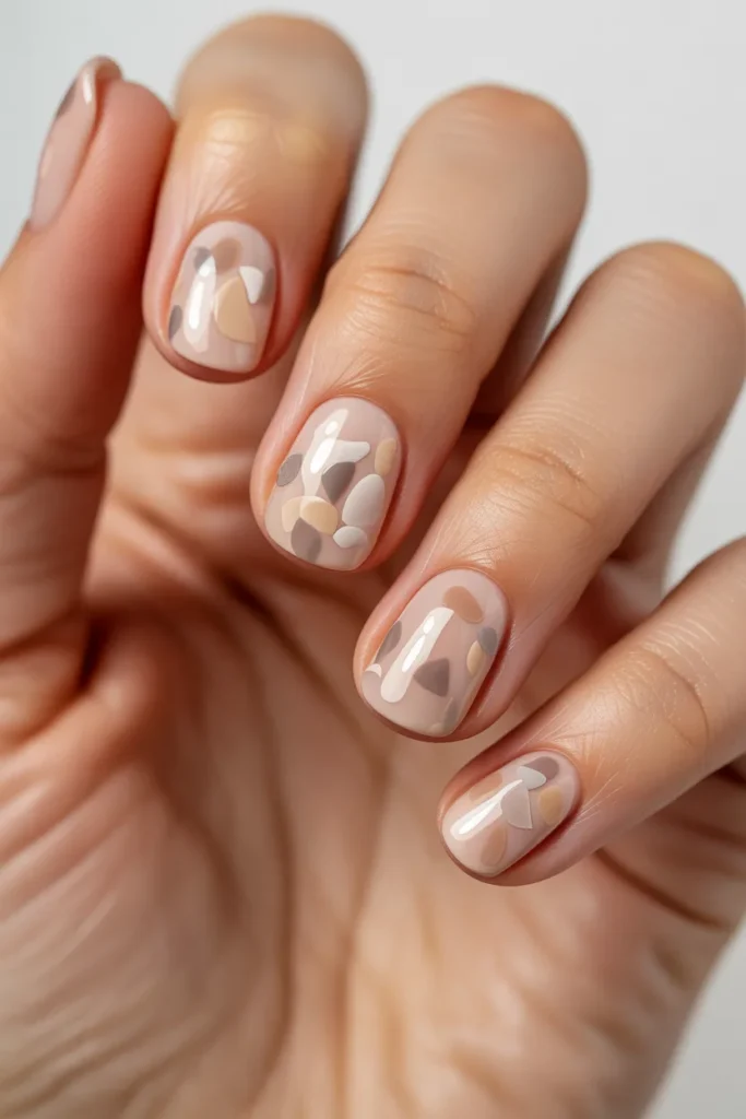 Nude nails with tiny neutral-toned confetti