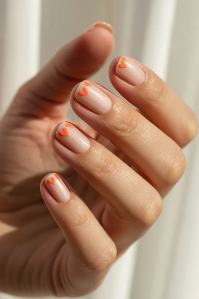 Nude nails with tiny orange hearts