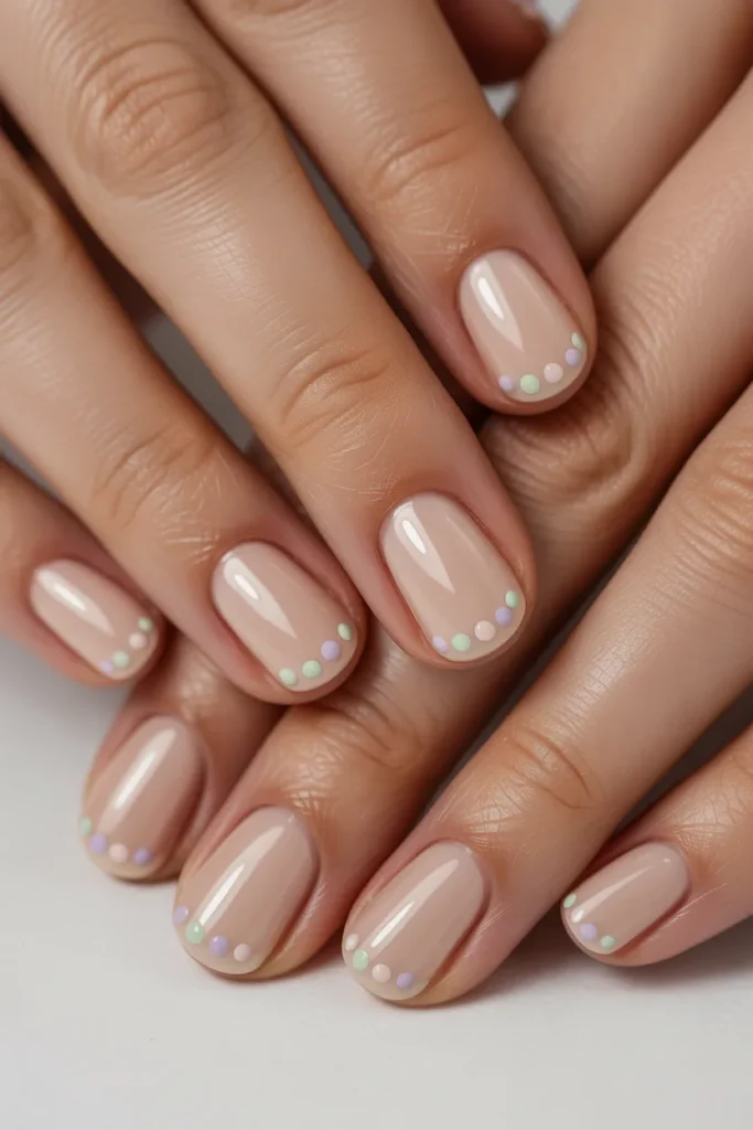 Nude nails with tiny pastel dots near the cuticle area