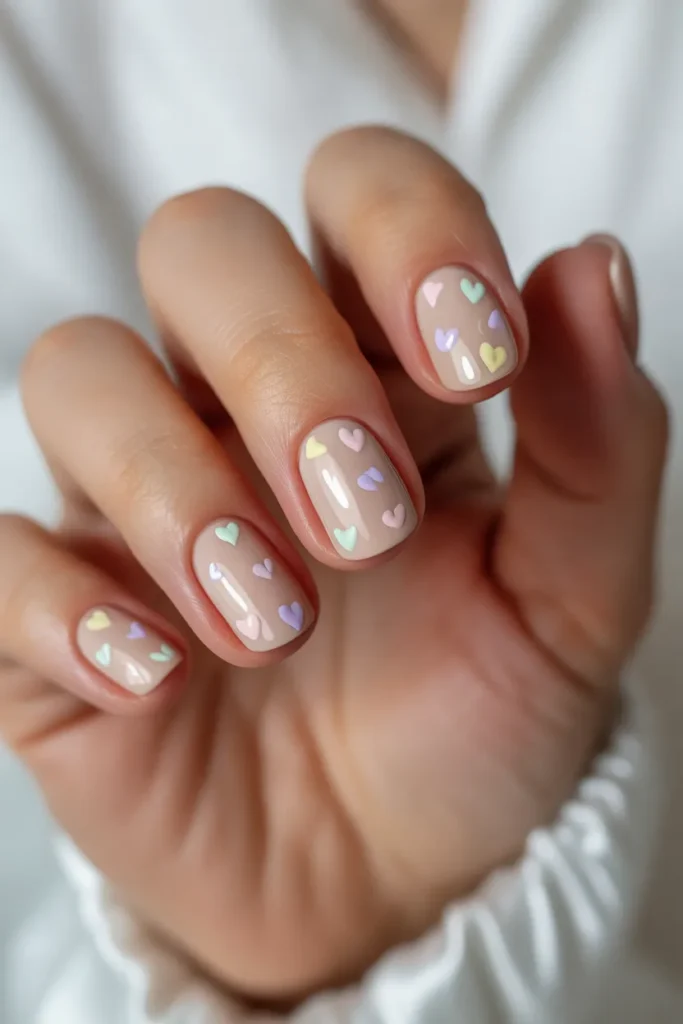Nude nails with tiny pastel hearts