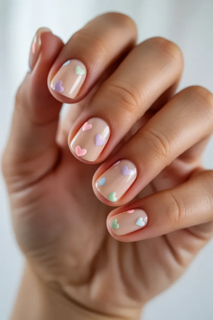 Nude nails with tiny pastel hearts