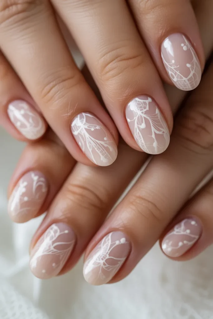 Nude nails with white lace patterns