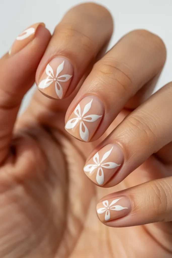 Nude nails with white sand dollar patterns