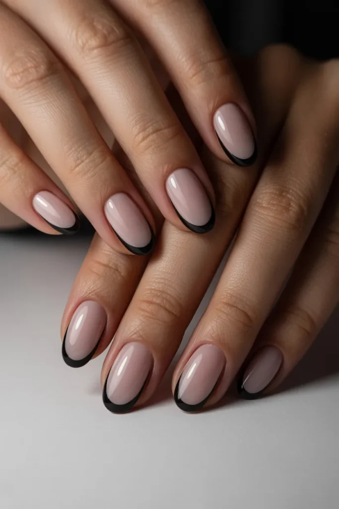 Nude oval nails with black French tips