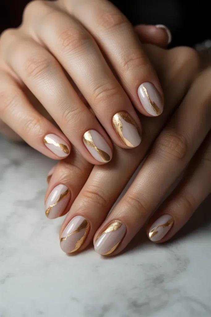 Nude oval nails with gold foil