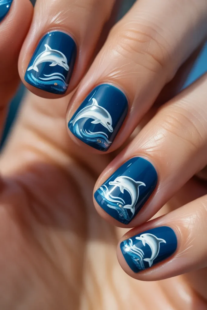 Ocean blue nails with dolphin illustrations