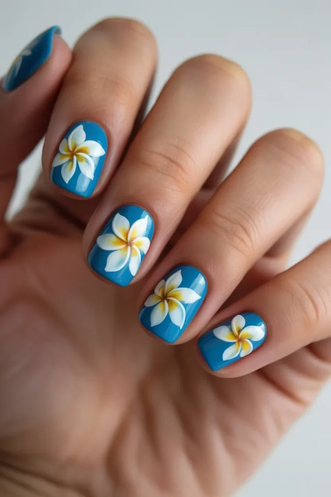 Ocean blue nails with white tropical flowers