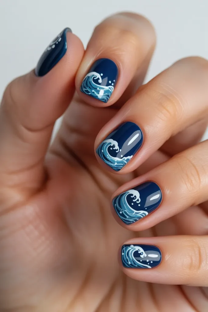Ocean-inspired dark blue nails with wave art