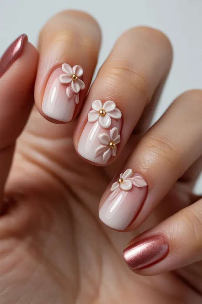Ombre gradient nails with 3D floral