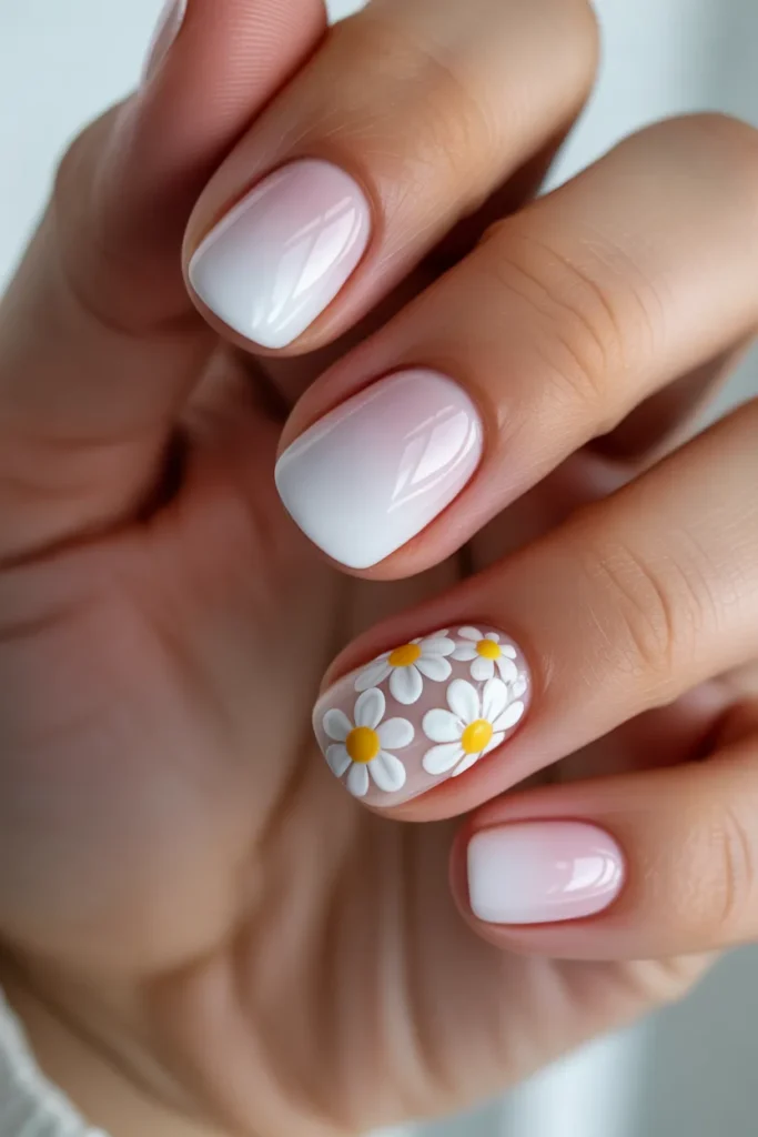 Ombre nails fading from white to pastel with daisy flowers layered on top