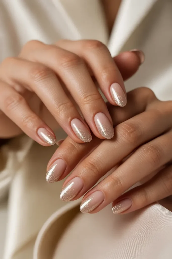 Ombre nails nude to champagne glitter