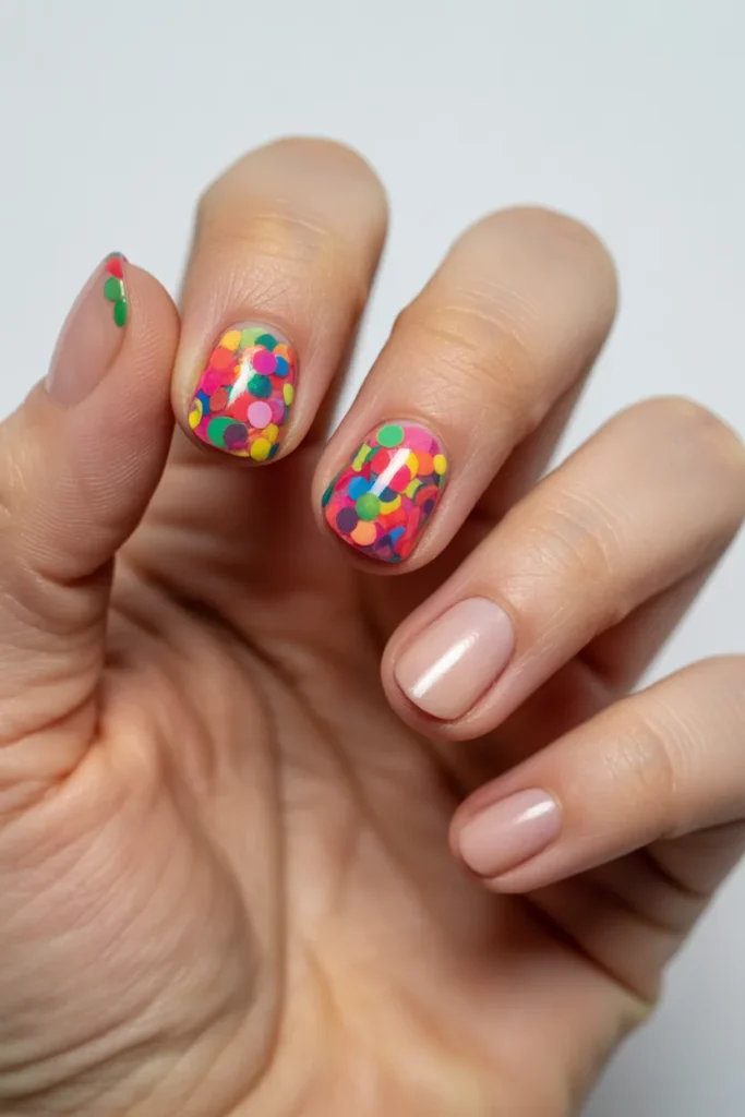 One nail fully covered in confetti while others stay plain