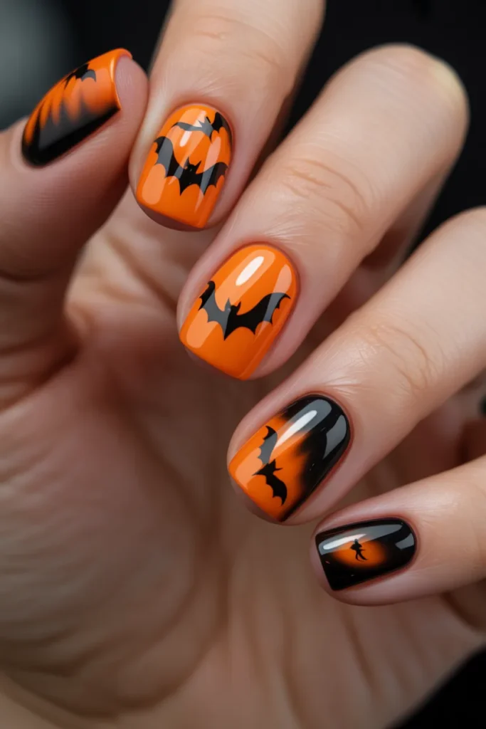  Orange and black nails with flying bats