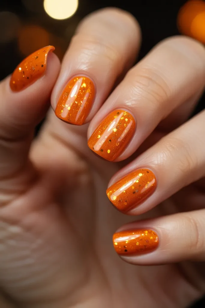 Orange glitter nails, sparkly polish