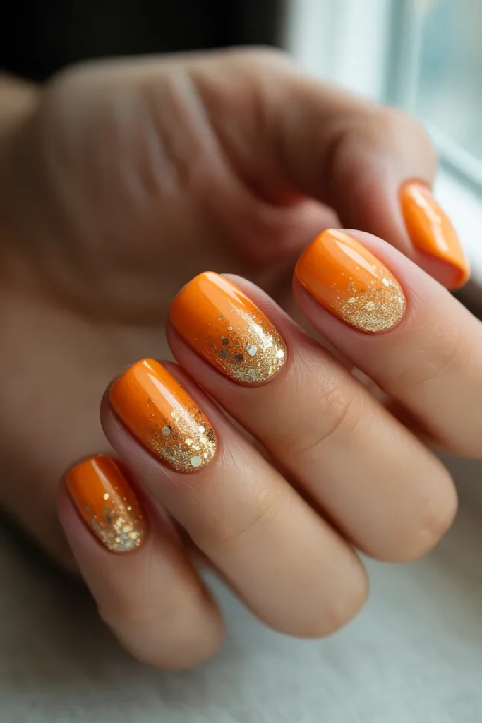 Orange nails fading into glitter tips