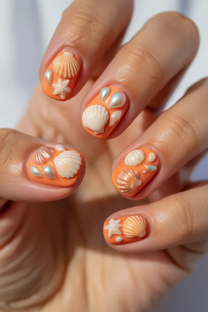 Orange nails with 3D seashell textures