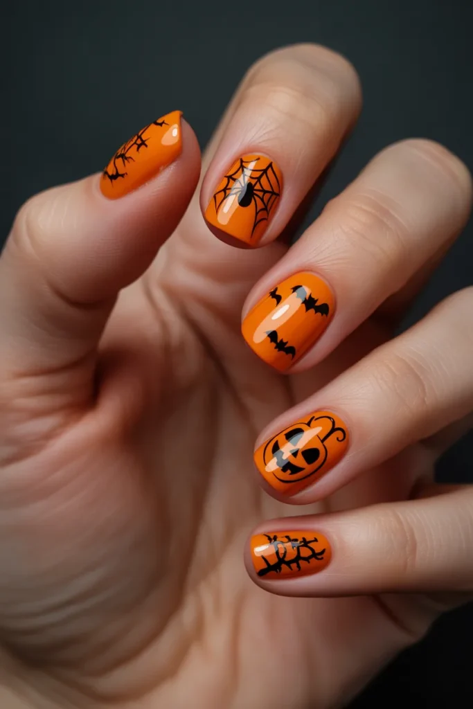 Orange nails with black spooky designs