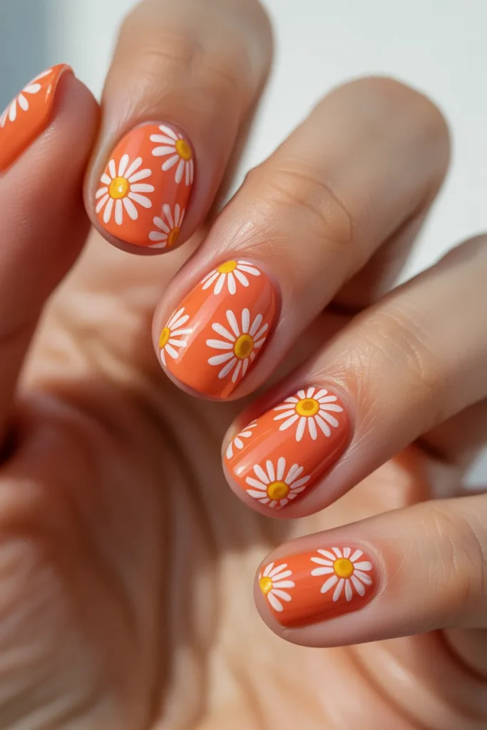 Orange nails with white daisy designs