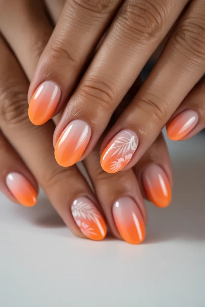 Orange pink sunset ombre oval nails