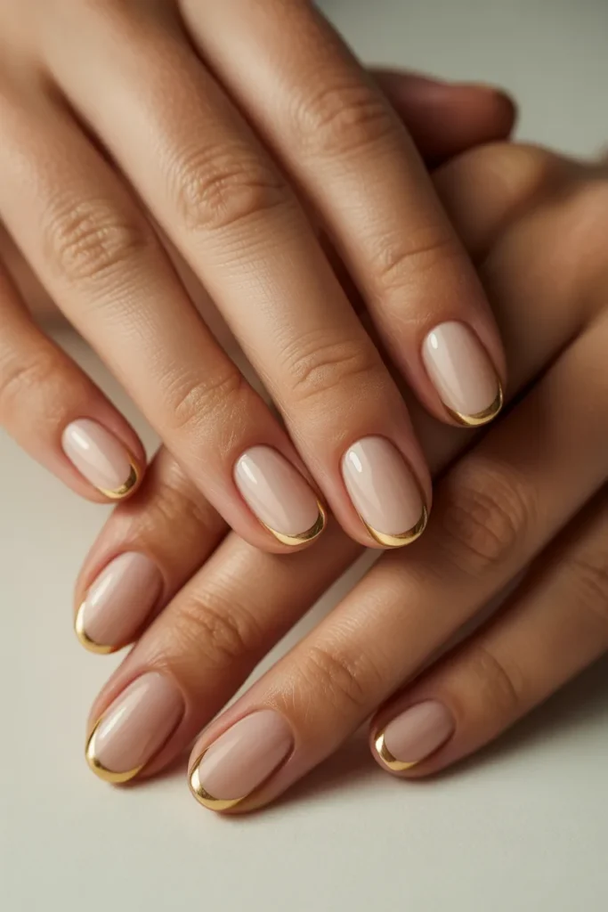 Oval nails nude base with gold French tips