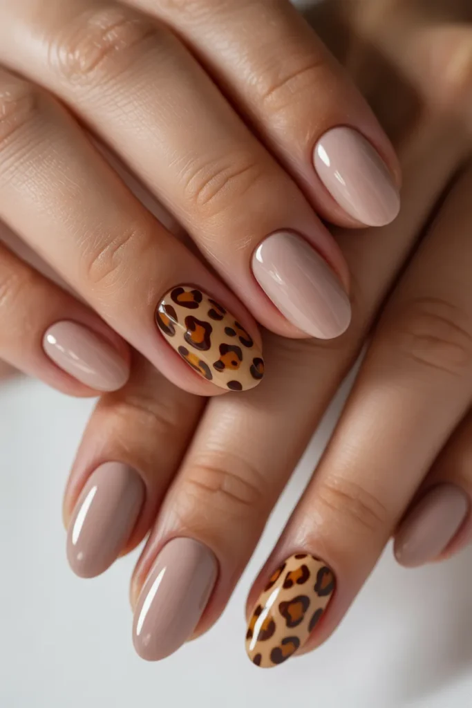  Oval nails nude base with leopard print