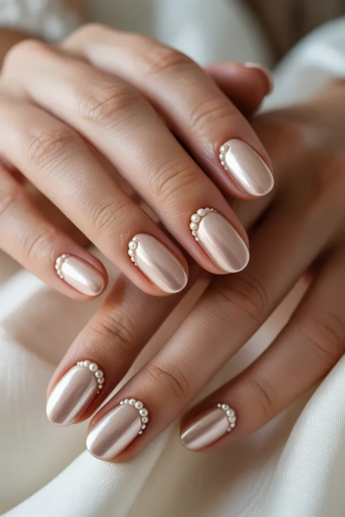 Oval nails nude base with pearl