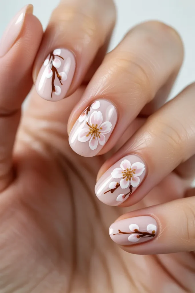 Pale pink nails with cherry blossom art