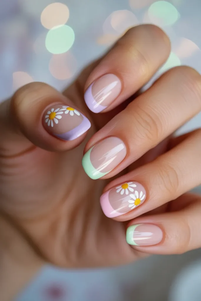 Pastel-colored French tips with tiny daisy accents