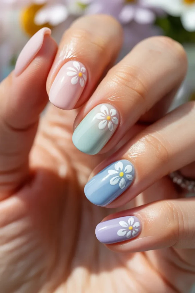 Pastel gradient nails in pink, blue, and lavender with tiny white daisies