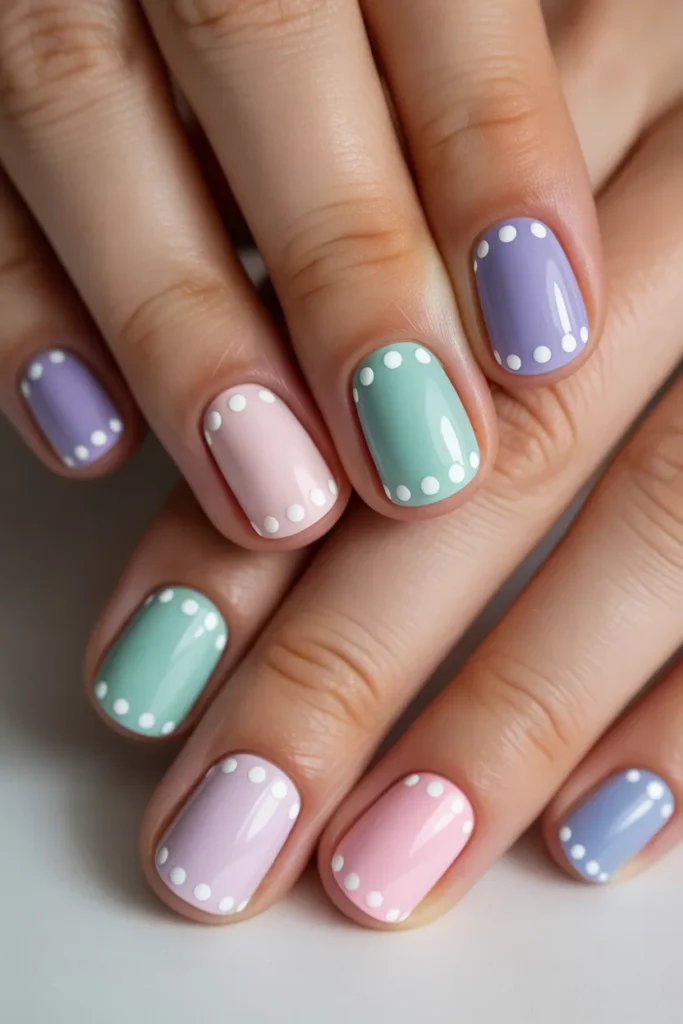 Pastel nails with evenly spaced white dots