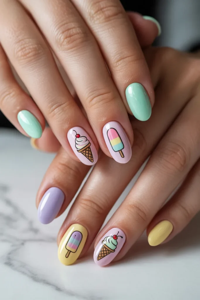 Pastel nails with ice cream illustrations