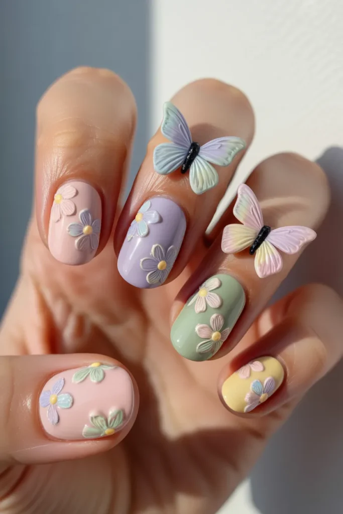  Pastel nails with mixed flowers