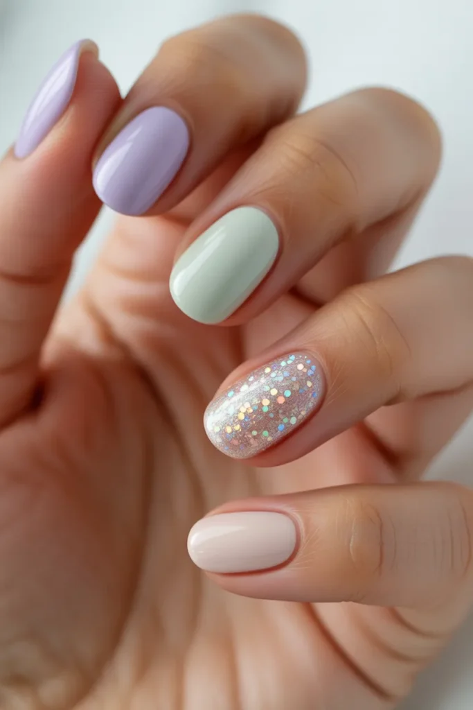 Pastel nails with one glitter accent nail