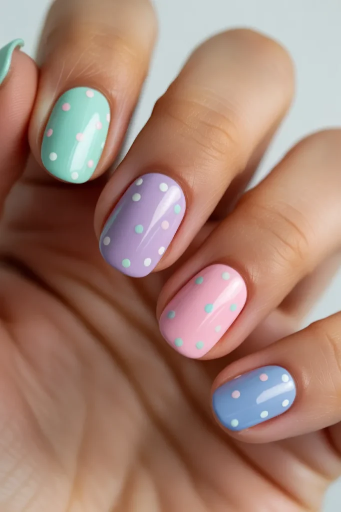 Pastel nails with small white polka dots