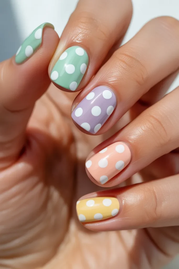Pastel nails with white polka dots